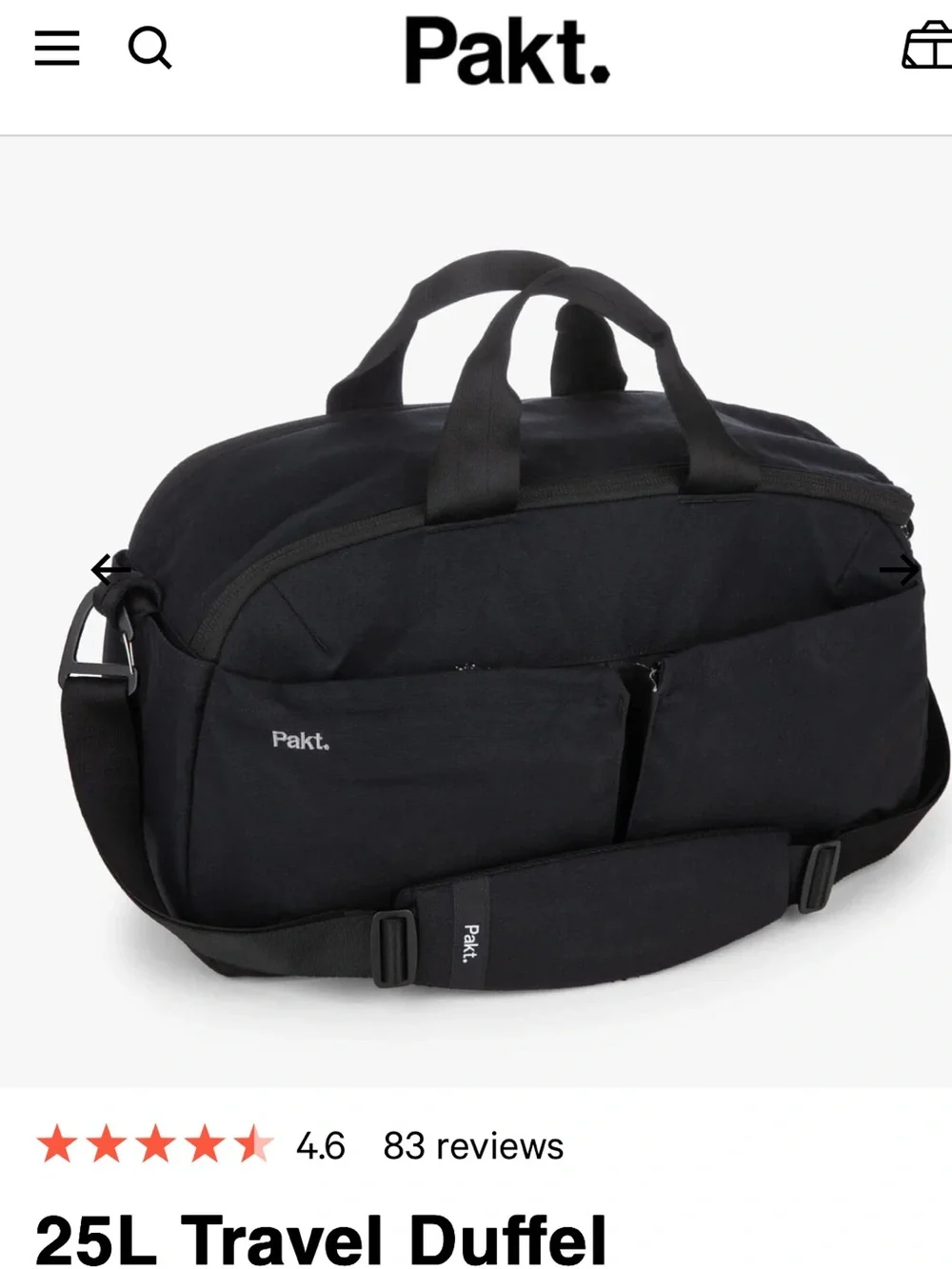 Pakt Everyday Duffel 25L- like new- black